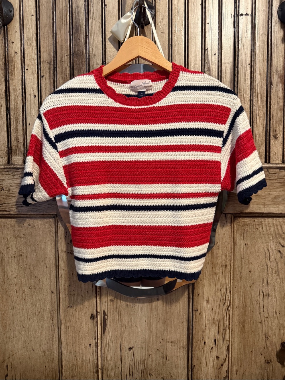Universal Thread Red White Navy Striped Crochet Pullover